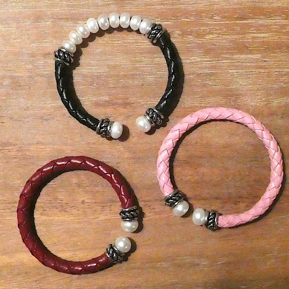 Leather and Pearl Bracelet/Bangle Trio by Honora